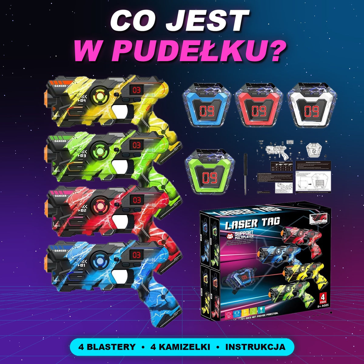 Co jest w pudełku: blastery, kamizelki, instrukcja