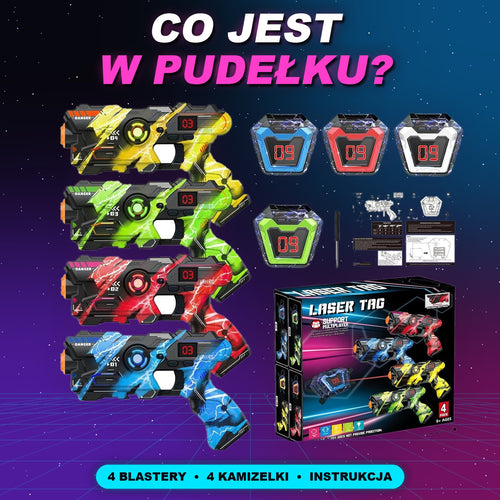 Co jest w pudełku: blastery, kamizelki, instrukcja